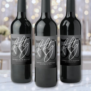 Modern Black 50th Birthday Party Wine Label