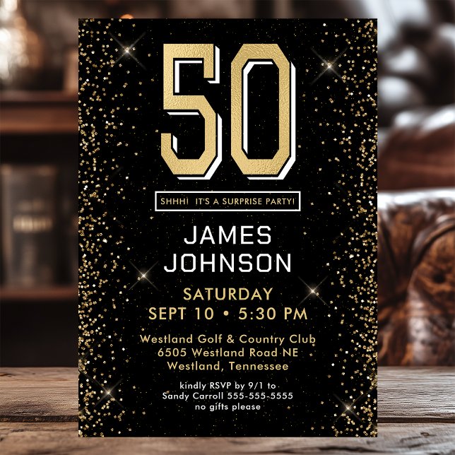 Modern Black 50th Birthday Photo Surprise Party Invitation (Creator Uploaded)