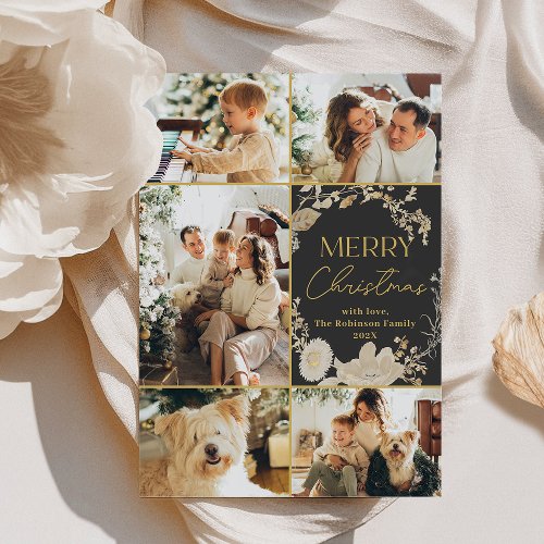 Modern Black 5 Photo Gold Christmas Card