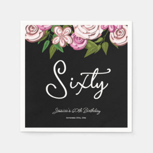 Modern Black 60th Birthday Floral Napkins