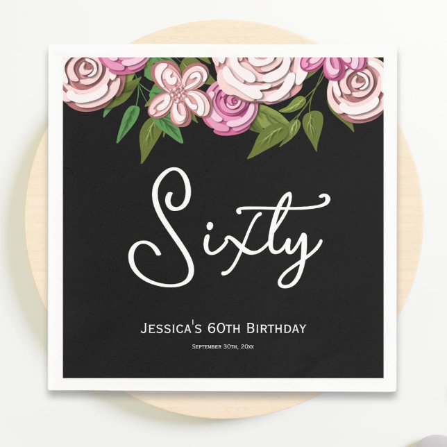 Modern Black 60th Birthday Floral Napkins (Creator Uploaded)