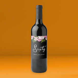 Modern Black 60th Birthday Floral Wine Label