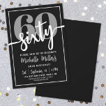 Modern Black 60th Birthday Party Invitation<br><div class="desc">Introducing a simple and modern 60th birthday party invitation, perfect for celebrating this milestone in style. The sleek design features a bold black background with a large "60" in gray at the top. Just below, "Sixty" is beautifully written in white script calligraphy, adding a fun yet elegant touch. The mix...</div>