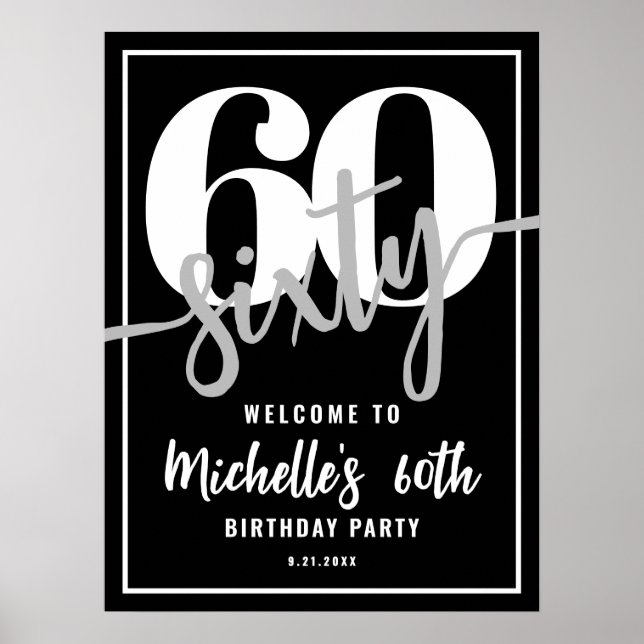 Modern Black 60th Birthday Party Welcome Sign (Front)