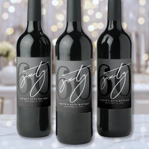Modern Black 60th Birthday Party Wine Label