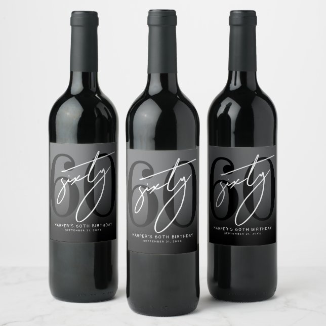 Modern Black 60th Birthday Party Wine Label (Bottles)