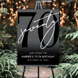 Modern Black 70th Birthday Party Welcome Sign<br><div class="desc">Modern Black and White 70th Birthday Welcome Sign. Celebrate seventy years in style with this bold and contemporary sign featuring a large black “70” with a handwritten script-style white “Seventy” at the top for a sleek, minimalist look. At the bottom, the sign reads “Welcome To [Name]’s 70th Birthday” along with...</div>