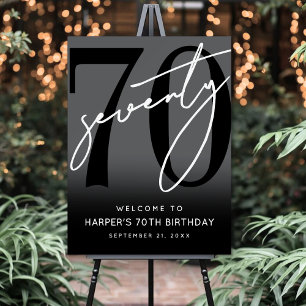 Modern Black 70th Birthday Party Welcome Sign