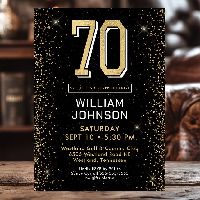 Modern Black 70th Birthday Photo Surprise Party Invitation (Creator Uploaded)