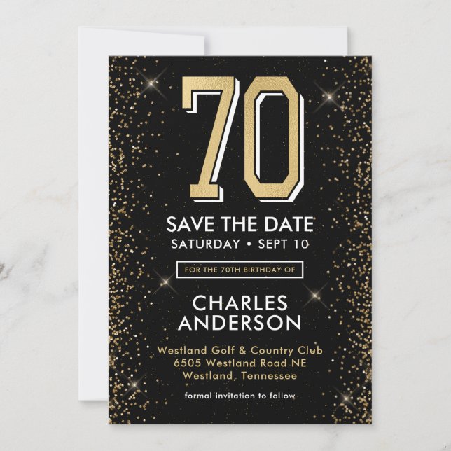 Modern Black 70th Birthday  Save The Date (Front)