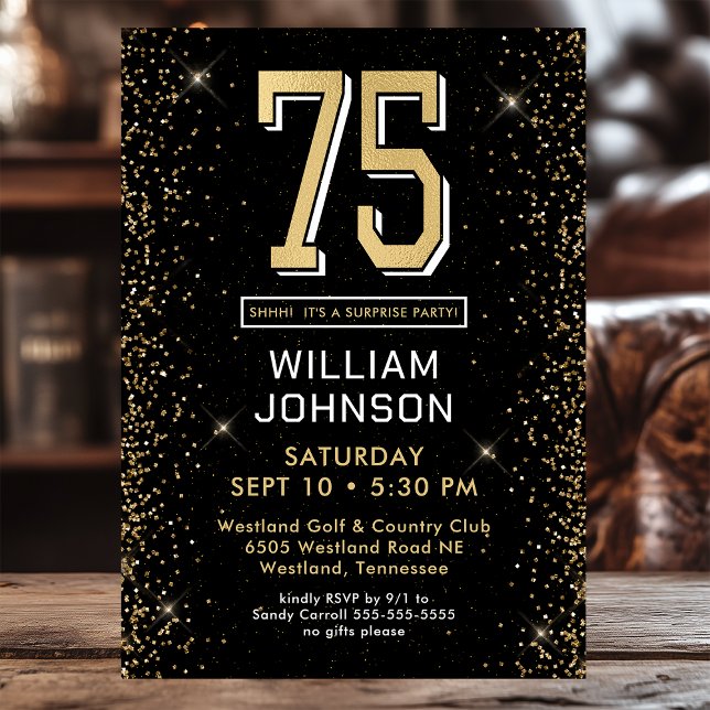 Modern Black 75th Birthday Photo Surprise Party Invitation (Creator Uploaded)