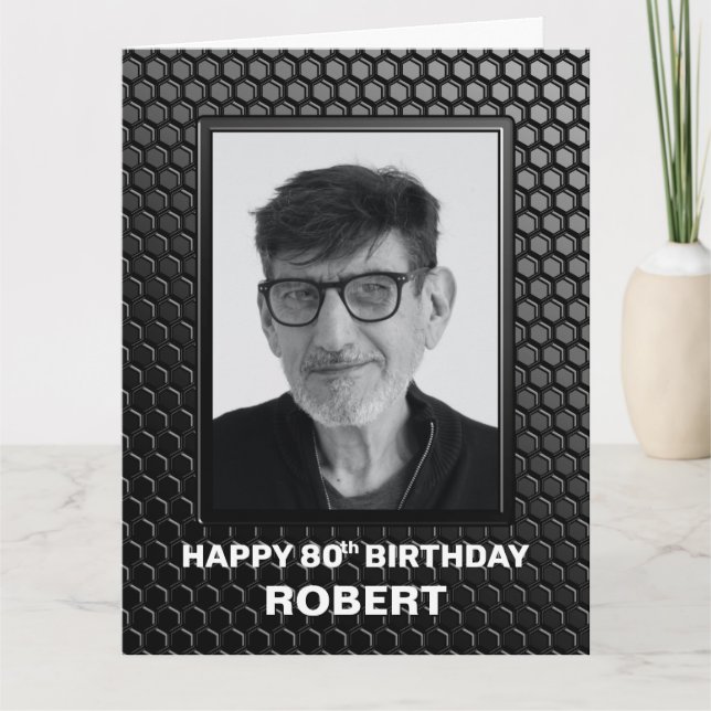 Modern Black 80th Birthday Custom Photo Greeting Card (Front)