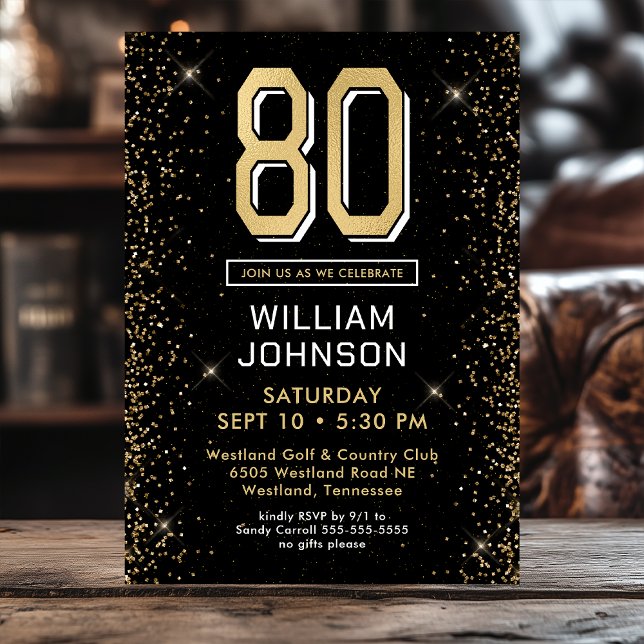 Modern Black 80th Birthday Photo Invitation (Creator Uploaded)