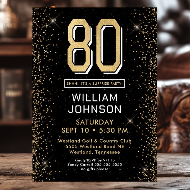 Modern Black 80th Birthday Surprise Party Invitation (Creator Uploaded)