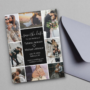 Modern Black 8 Photo Collage Save the Date Announcement Postcard