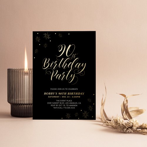 Modern Black 90th Birthday Party Real Foil Invitation