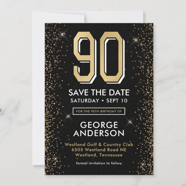 Modern Black 90th Birthday  Save The Date (Front)