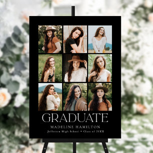 Modern Black 9 Photo Collage Graduation Party Sign