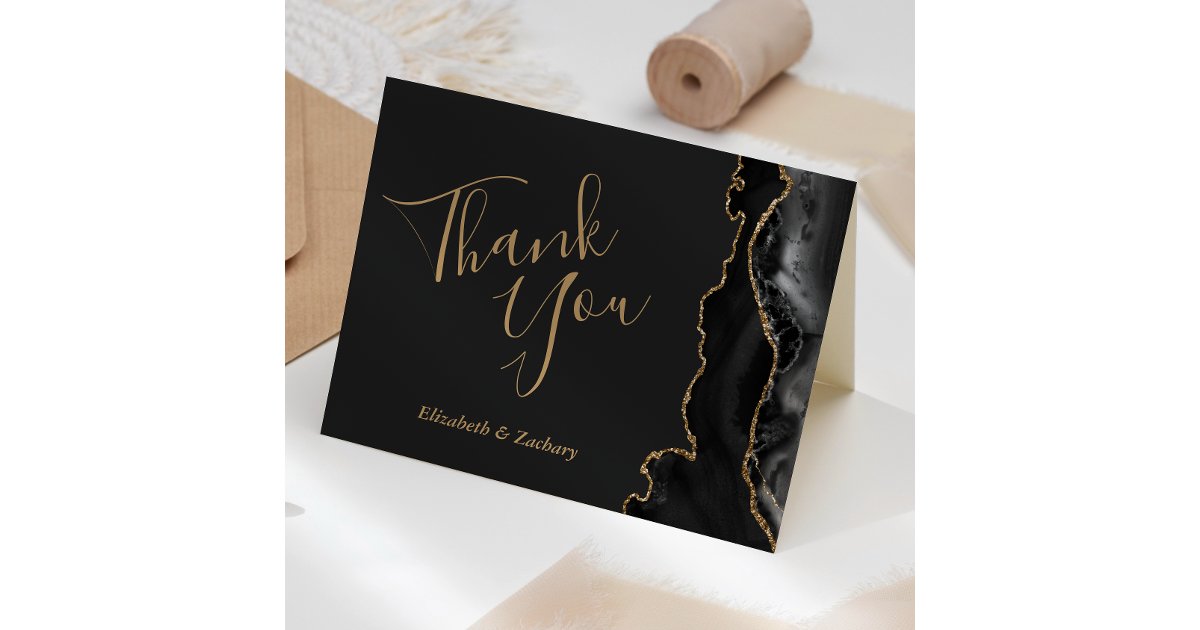Modern Black Agate Gold Dark Wedding Thank You Card | Zazzle