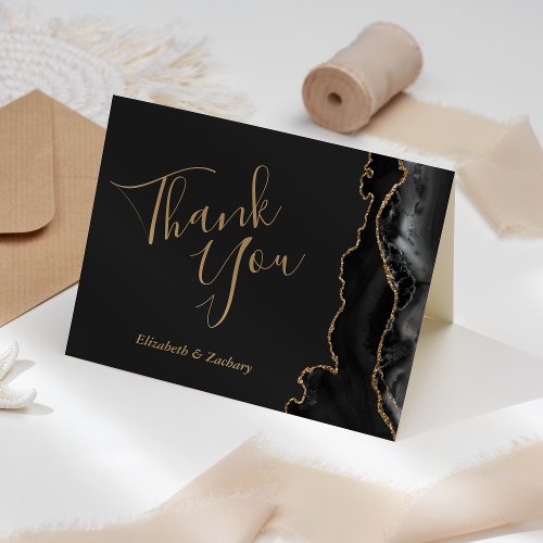 Modern Black Agate Gold Dark Wedding Thank You Card