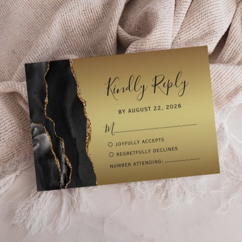 Modern Black Agate Gold Glam Wedding RSVP Card