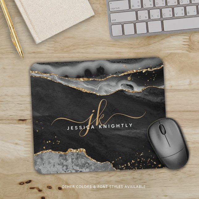Modern Black Agate Gold Glitter Script Monogram Mouse Pad (Creator Uploaded)