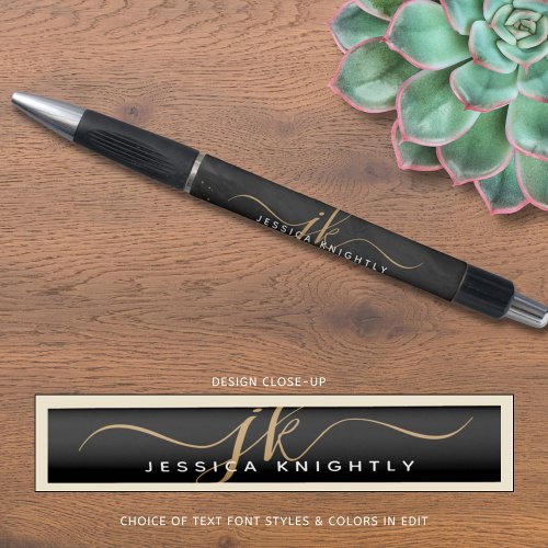 Modern Black Agate Gold Glitter Script Monogram Pen