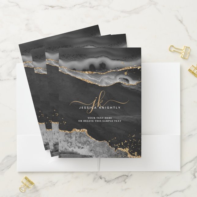 Modern Black Agate Gold Glitter Script Monogram Pocket Folder (In Situ)