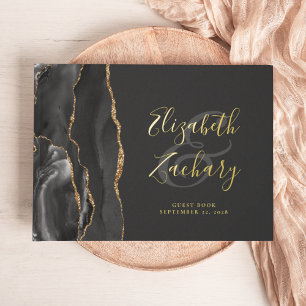 Modern Black Agate Gold Script Dark Foil Guest Book