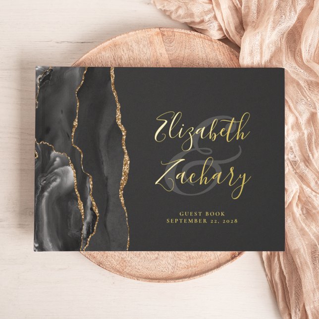 Modern Black Agate Gold Script Dark Foil Guest Book (Creator Uploaded)