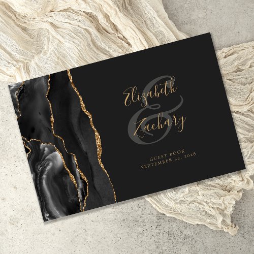 Modern Black Agate Gold Script Dark Guest Book