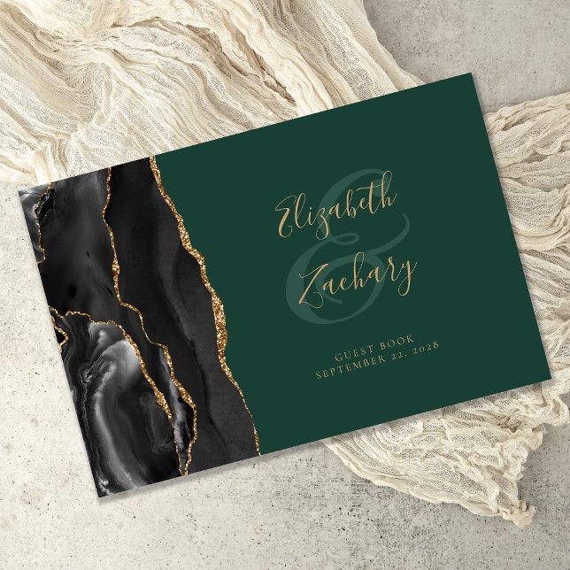 Modern Black Agate Gold Script Emerald Green Guest Book (Creator Uploaded)
