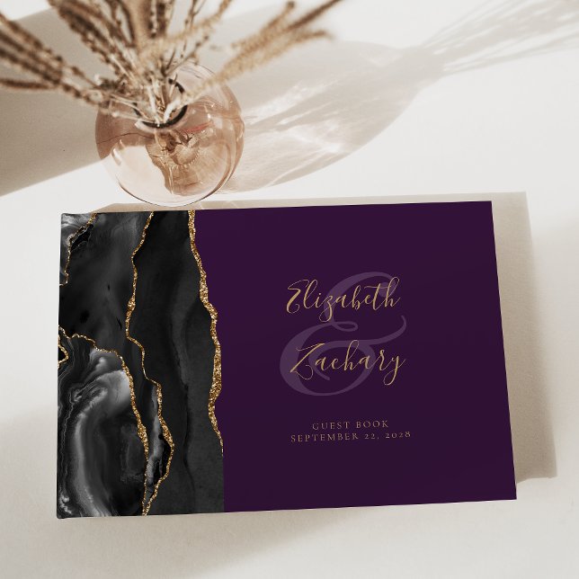 Modern Black Agate Gold Script Purple Guest Book (Creator Uploaded)