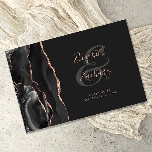 Modern Black Agate Rose Gold Script Dark Guest Book