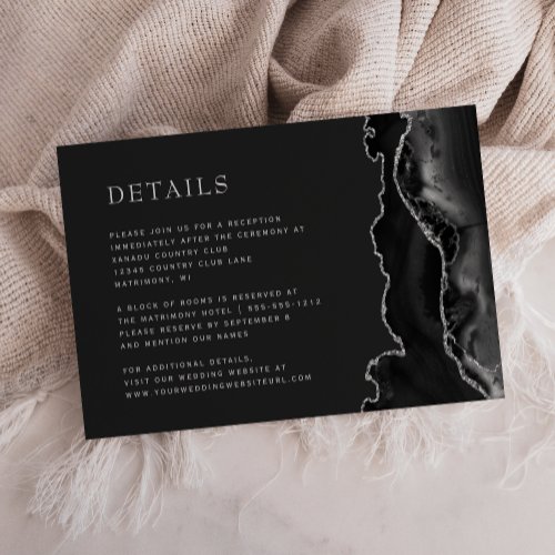 Modern Black Agate Silver Dark Wedding Details Enclosure Card