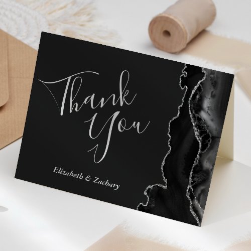 Modern Black Agate Silver Dark Wedding Thank You Card