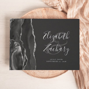 Modern Black Agate Silver Script Dark Foil Guest Book