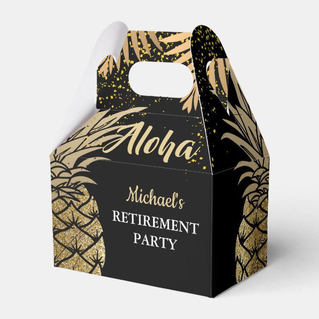 Modern Black Aloha Tropical Pineapple Retirement Favor Boxes (Front Side)