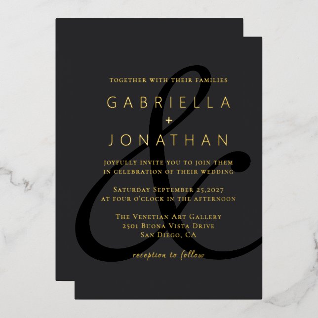 Modern Black Ampersand Wedding Gold  Foil Invitation (Front/Back)