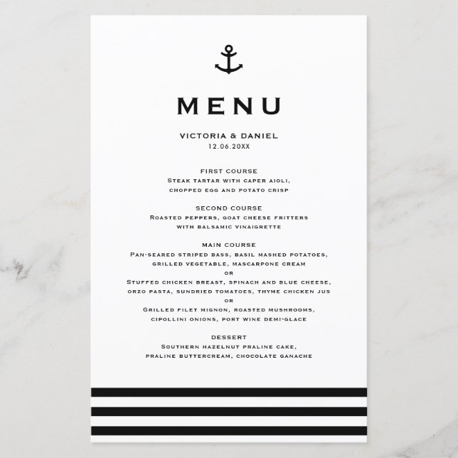Modern Black Anchor Nautical Wedding Menu Card (Front)