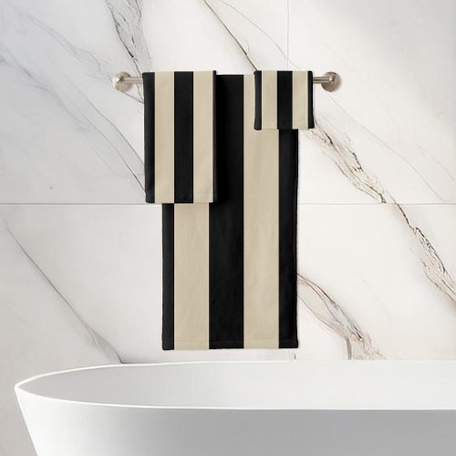 Modern Black and Almond Stripes Minimalist Bath Towel Set