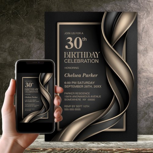 Modern Black and Beige 30th Birthday Party Invitation