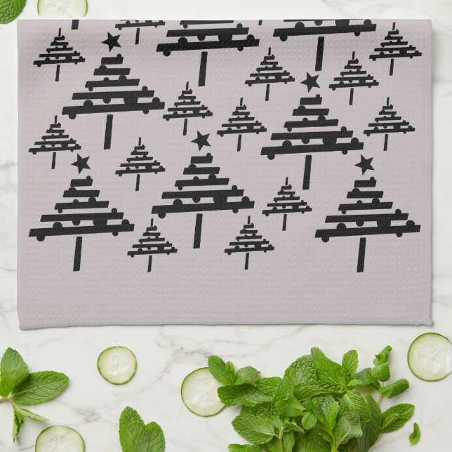 Modern Black and Beige Christmas Tree Pattern Kitchen Towel (Folded)
