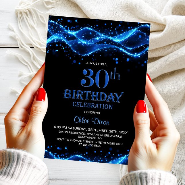 Modern Black and Blue 30th Birthday Party Invitation (Creator Uploaded)