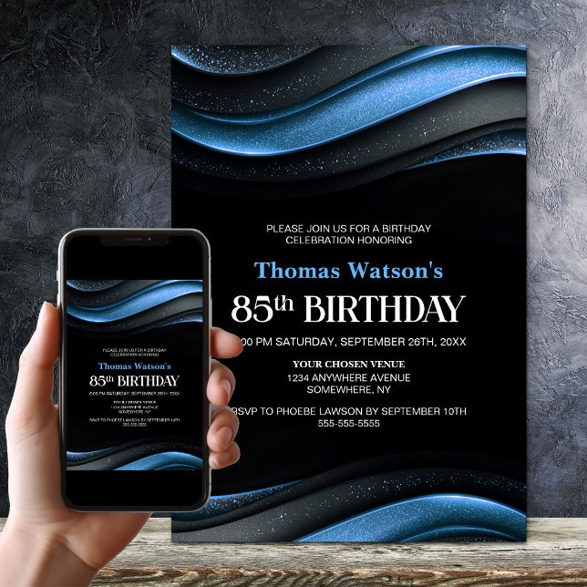 Modern Black and Blue 85th Birthday Party Invitation (Creator Uploaded)