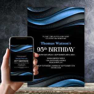 Modern Black and Blue 95th Birthday Party Invitation