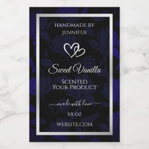 Modern Black and Blue Floral Product Labels Silver