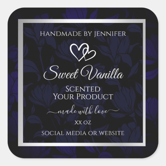 Modern Black and Blue Floral Product Labels Silver (Front)