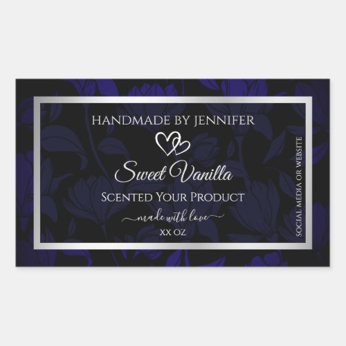 Modern Black and Blue Floral Product Labels Silver