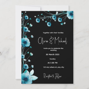 Modern Black and Blue Floral Wedding Invitation